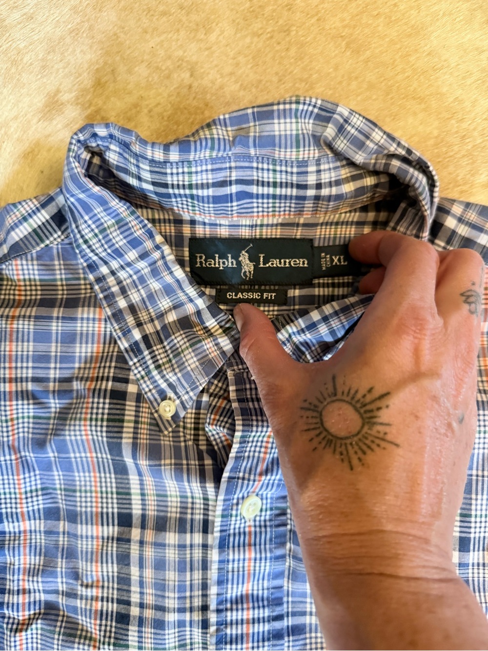 Ralph Lauren Blue Plaid Button-Down Shirt with White and Tan Accents